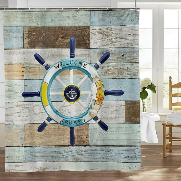 Rideau de Douche Gouvernail Nautique Plage Côtier Océan Rideaux de Douche pour Salle de Bain Rustique Shabby Planches de Bois Imperméable Tissu Polyester Décoration de Salle de Bain Rideau avec Crochets 72x72 Pouces