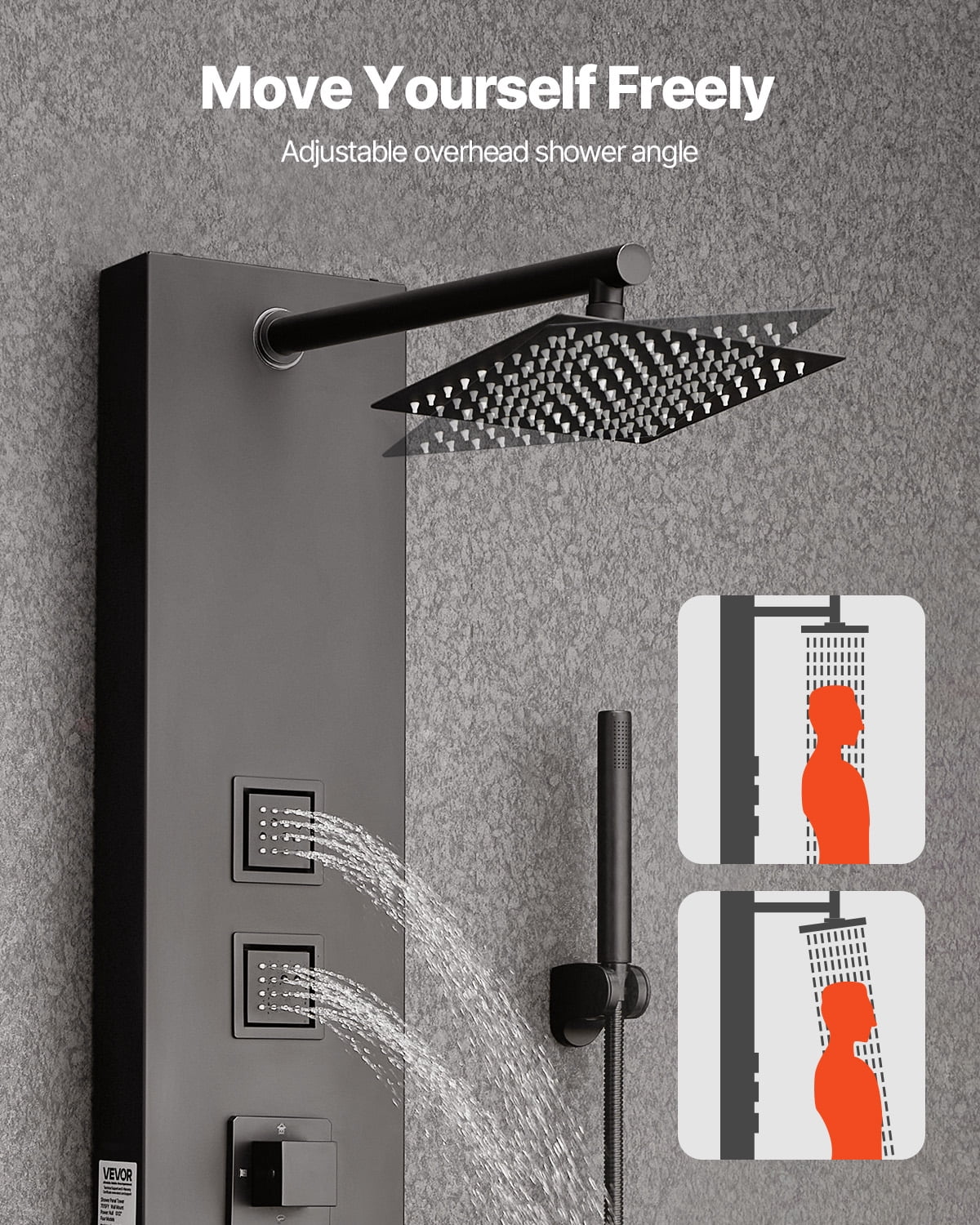 VEVOR Shower Panel Tower System with Rainfall Shower Head, 49 in Brushed Stainless Steel Shower Column, 4-Function Faucet, Wall-Mount Rain Massage System,with 4 Body Jets, Handheld,and Tub Spout