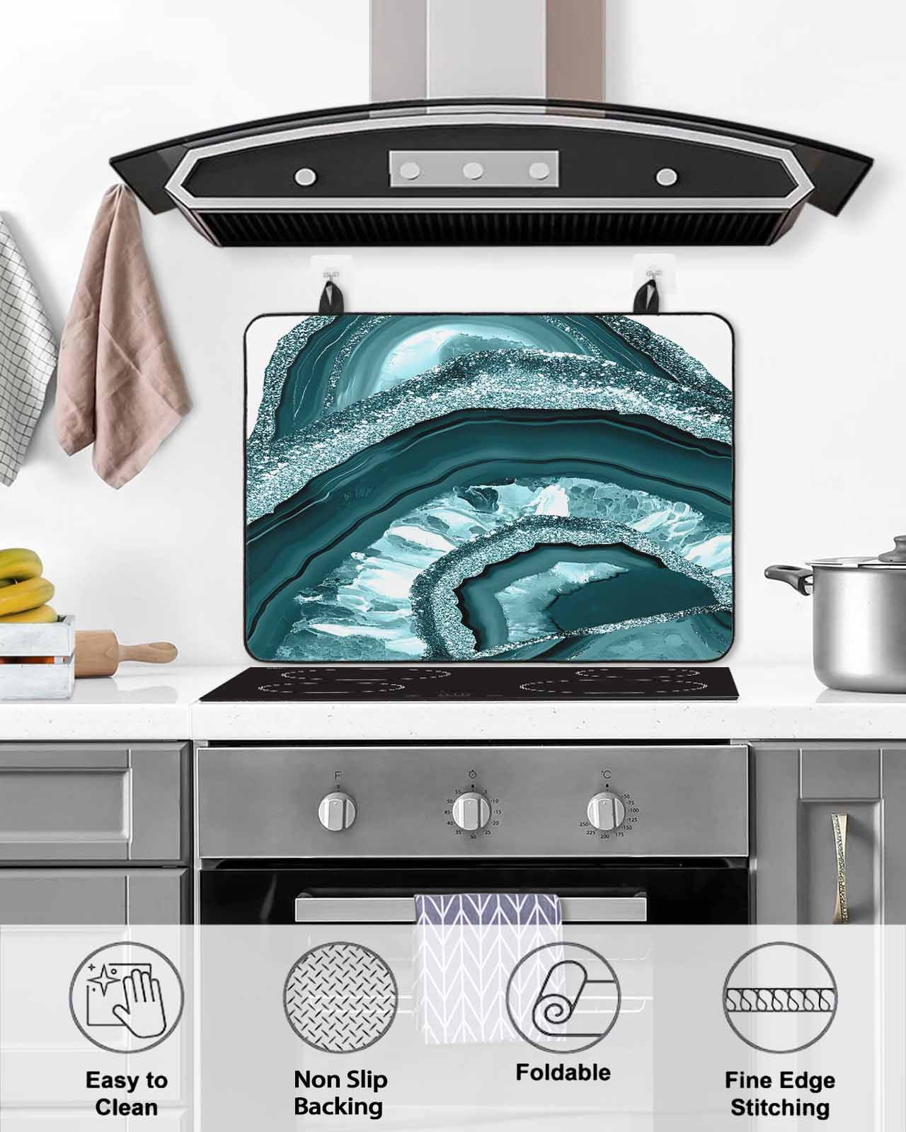 nqOlkjepod Large Induction Cooktop Protector Mat 24"x21", Teal Marble Stove Top Covers for Electric Stove, Vintage Vintage Chic Abstract Texture Stove Burner Cover Mats, Glass Top Stove Cover