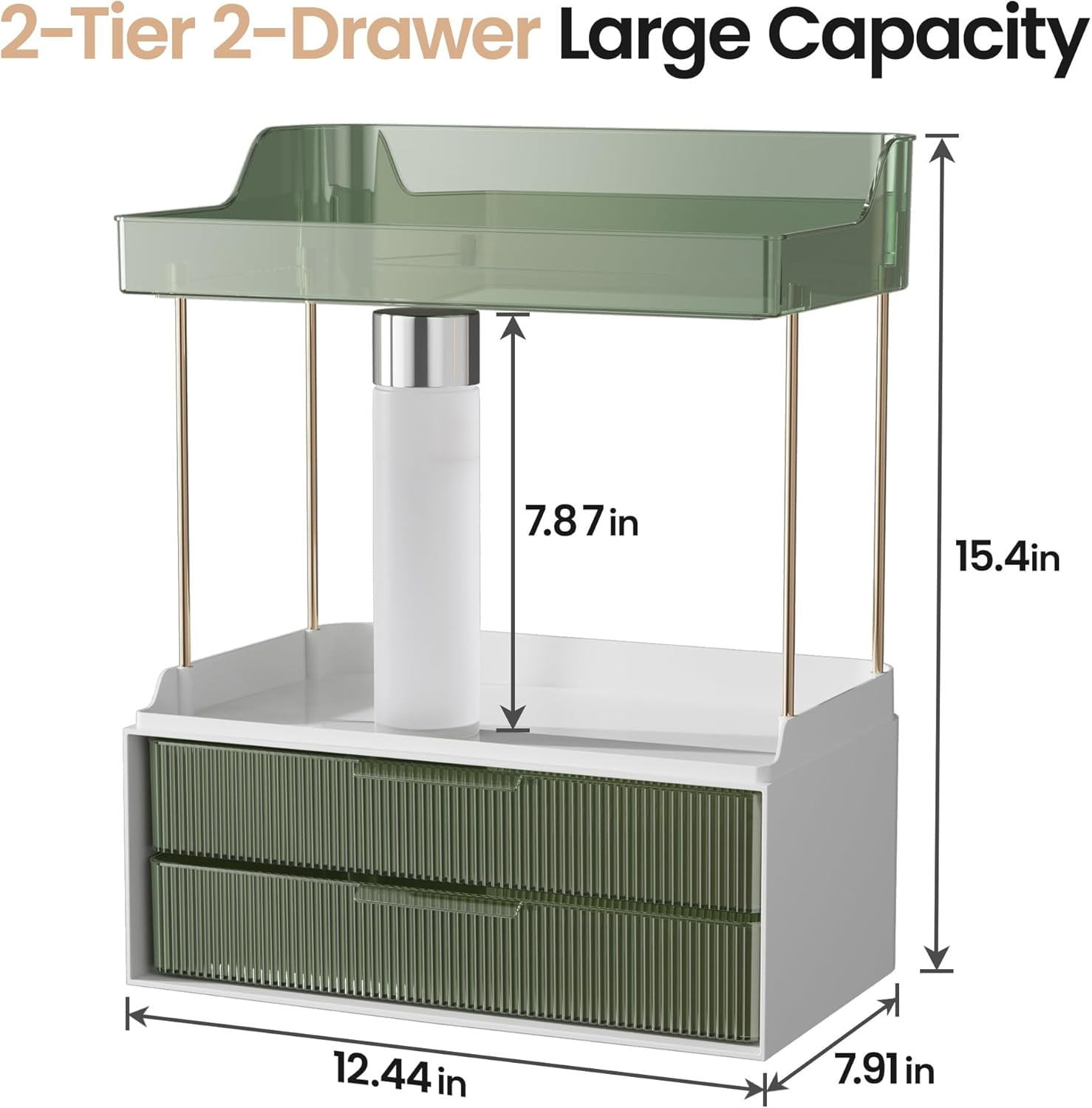 Delamu 2-Tier 2-Drawer Countertop Bathroom Organizer – Multi-Purpose Makeup & Skincare Vanity Storage with Golden Rods, Green Color, Exquisite Home Décor Organizer