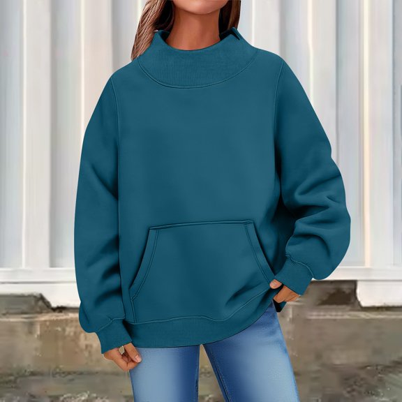 Mock Neck Sweatshirt for Women Sweater Tops Fall Fashion Must Haves Tunic Tops Pullover Turtleneck Long Sleeve Casual Oversized Sweatshirts Slouchy Preppy Sweat Shirt Baggy with Pockets Dark blue