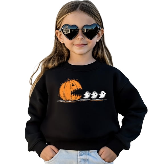 Pumpkin Ghost Halloween Sweatshirt for Women, Teens & Kids Cute Cozy Ghost and Pumpkin Sweater Black Sweatshirt 2T