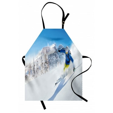 Winter Apron Skier Skiing Downhill in High Mountains Extreme Winter Sports Hobby Activity, Unisex Kitchen Bib Apron with Adjustable Neck for Cooking Baking Gardening, Blue White Yellow, by Ambesonne