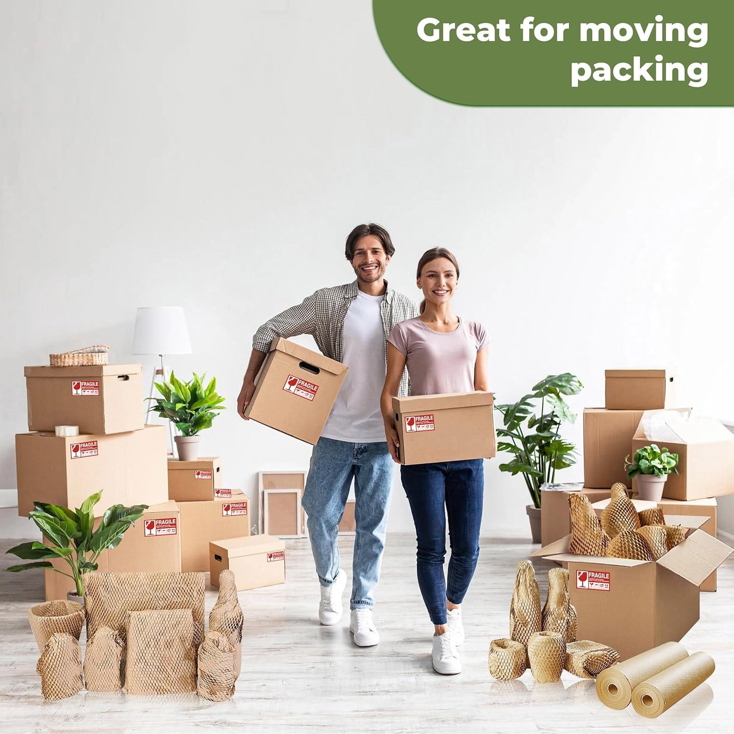 Honeycomb Packing Paper Wrap 15''x500', Substitute Alternative for Bubble Cushioning Wrap for Moving Shipping Packaging, Recyclable Moving Supplies with 60 Fragile Sticker Labels