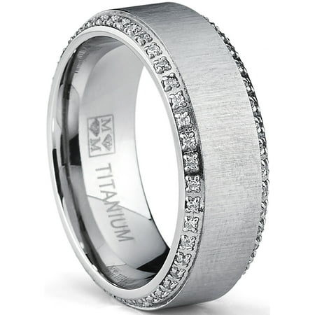 Titanium Men's Brushed Wedding Band Ring with Cubic Zirconia, Two Row ...