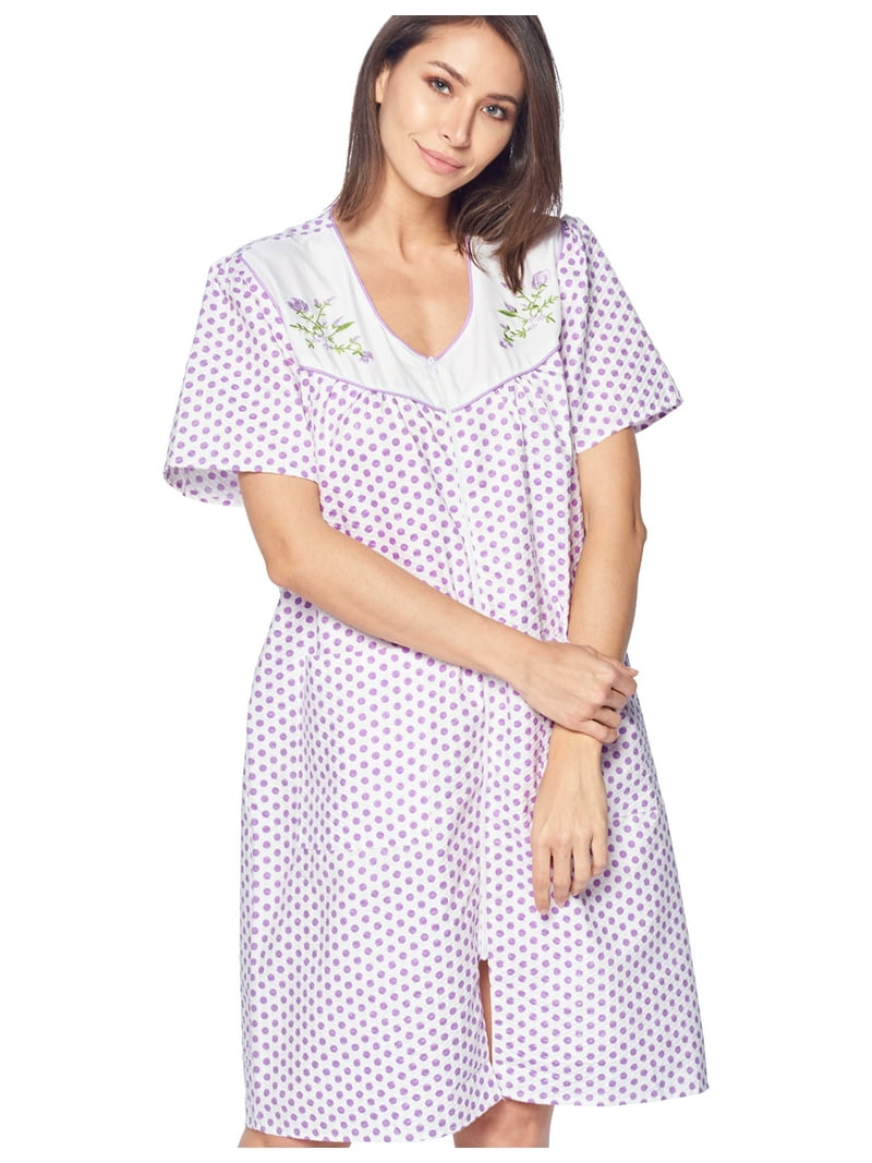 Casual Nights Women's Zipper Front House Dress Short Sleeves Embroidered Seersucker Housecoat Duster Lounger
