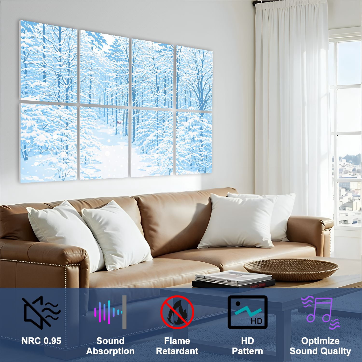 8 Pack Art Acoustic Panels Sound Absorbing pine forest heavily covered snow Decorative Soundproof Wall Panels Self Adhesive for Nursery Game Room Bedroom 48"x32"