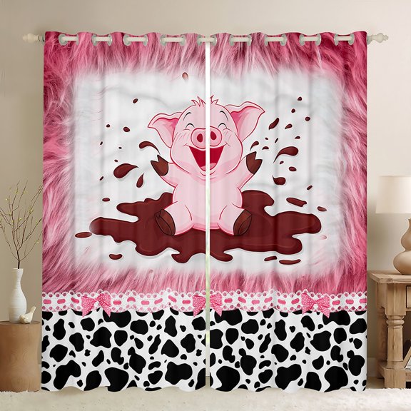 jejeloiu Pink Kawaii Pig Blackout Curtains Set of 2 (52x84 Each),Milk Cow Pattern Window Curtains,Cute Polka Dots Bowtie Curtains and Drapes For Girls Boys,Microfiber Bedroom Decor
