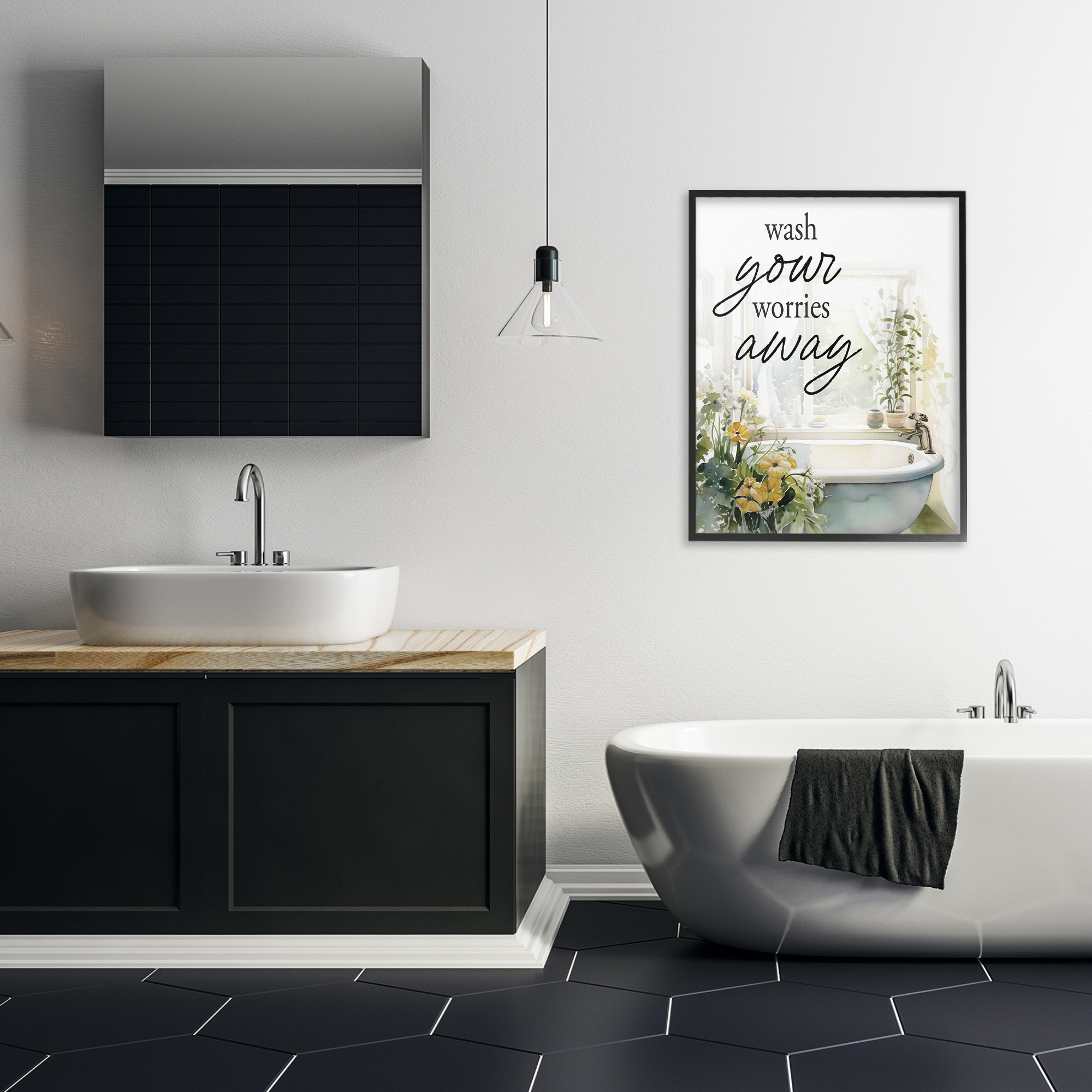 Wash Worries Away Sunlit Bath Black Framed Giclee Art, design by Lettered and Lined