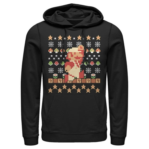 Men's Nintendo Ugly Christmas Super Mario Pixel  Pull Over Hoodie Black 3X Large