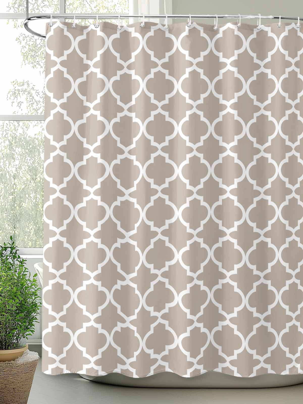 Beige White Geometric Shower Curtain, Minimalist Morocco Pattern Bathroom Decor Curtains Set with Hooks, Waterproof Fabric Home Accessories， 72 X 72 Inch Long