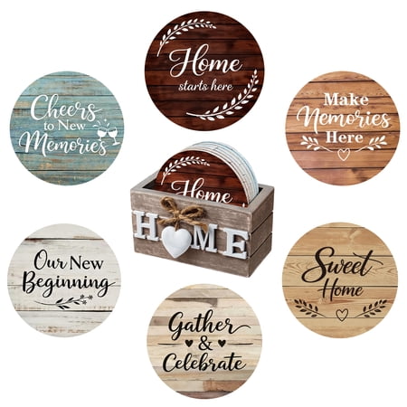 Wooden Coasters Set of 6 House Warming Gifts New Home, Farmhouse Wooden Drink Coasters with Holder, Rustic Farm House Decorations for Home, Housewarming Gifts New Apartment