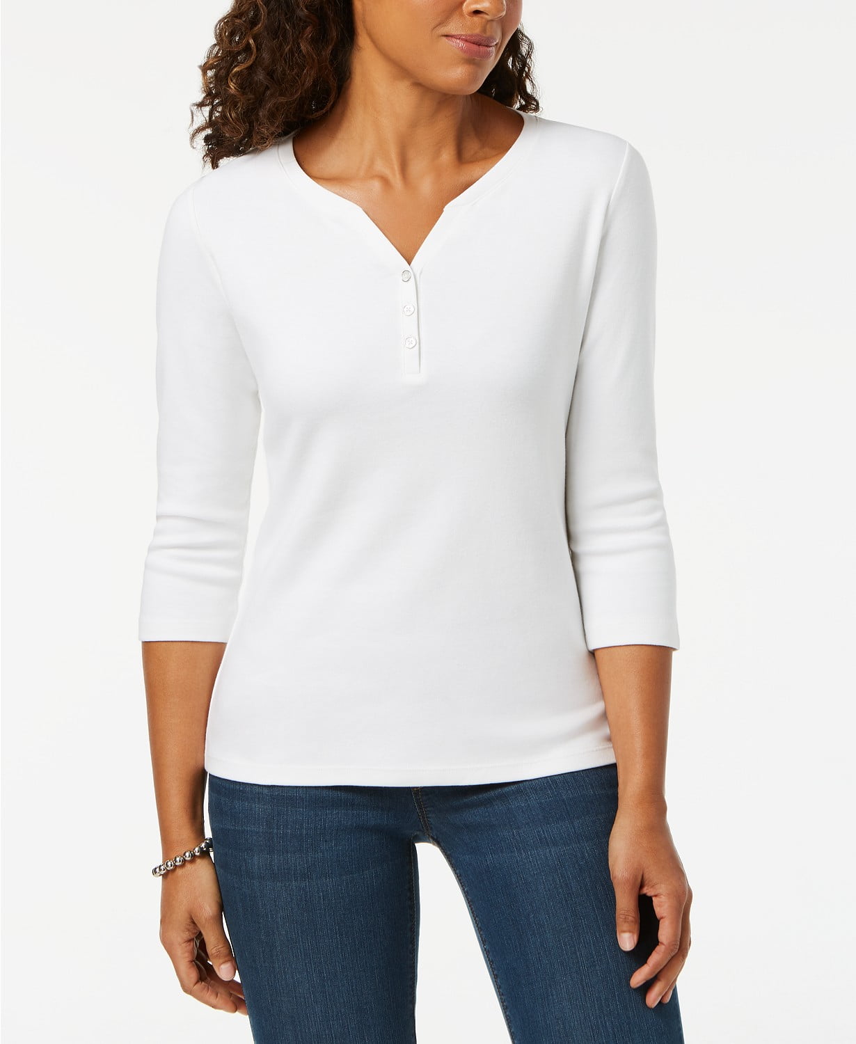Karen Scott Petite Henley Top Petities M WHITE