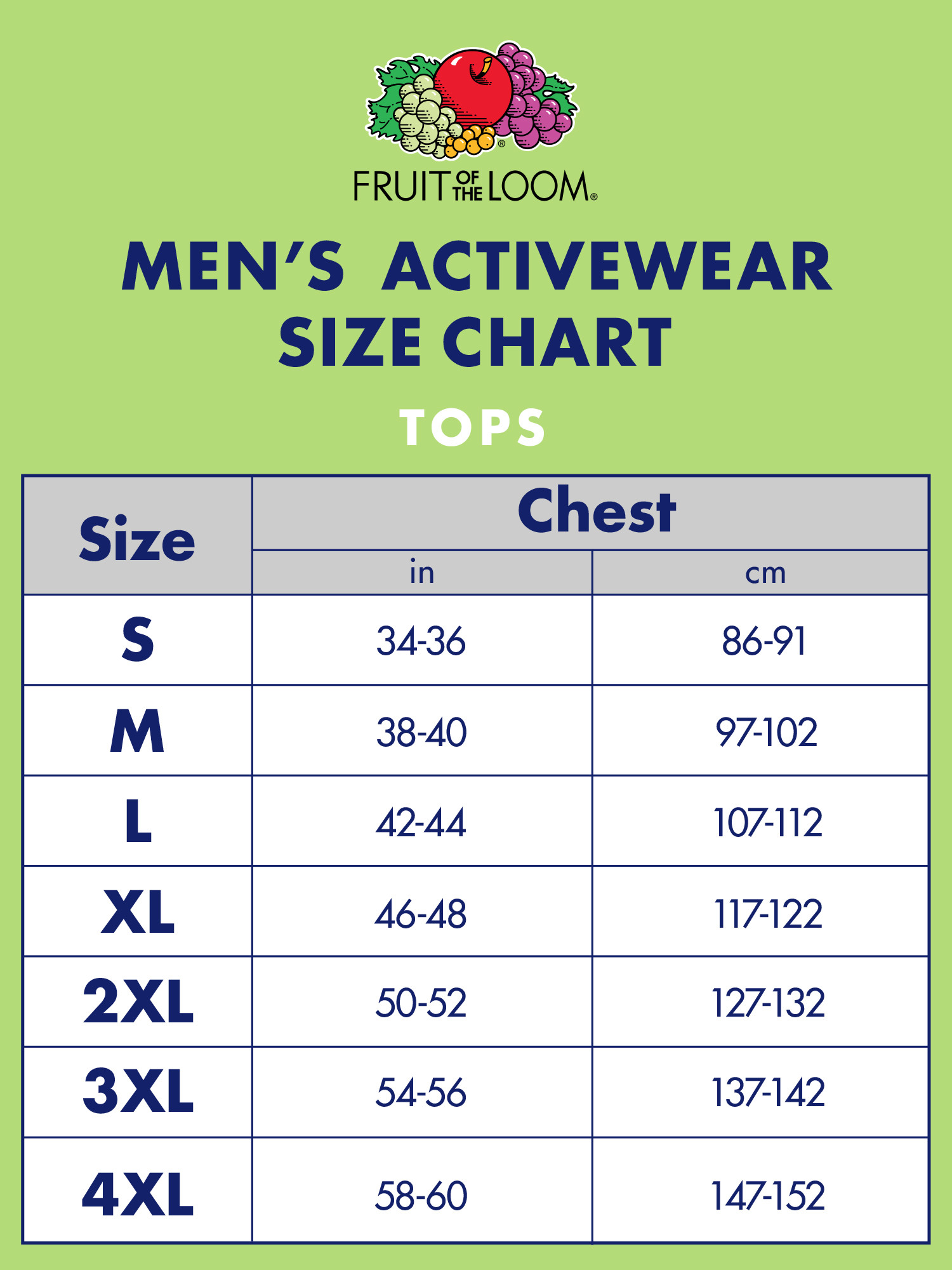 fruit of the loom zip hoodie size chart