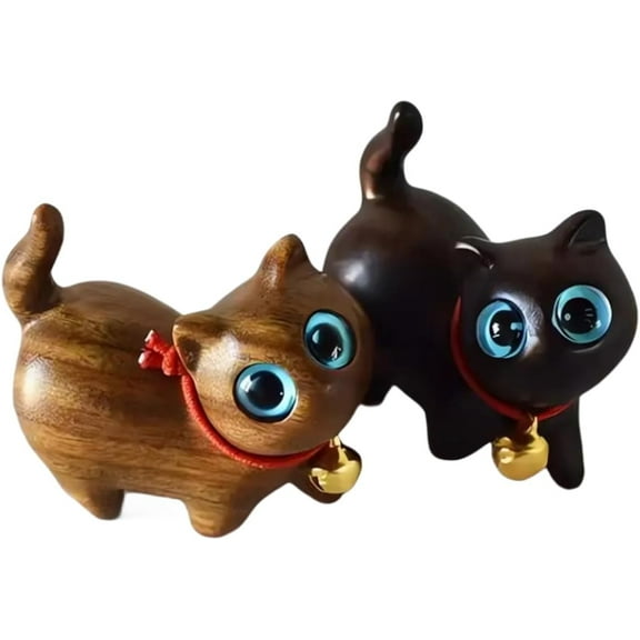 2 Pack Sandalwood Hand Carved Cat Figurines for Cat Lovers – Perfect Home Decor Accent & Unique Gift Item