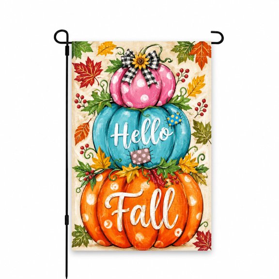 Autumn Garden Flag 12x18 Inch with Colorful Pumpkins, Leaves, and "Hello Fall" for Seasonal Outdoor Decor in Yard, Lawn, Patio, or Porch Display