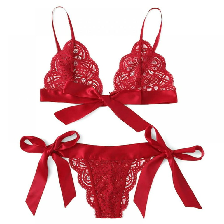 Women Sexy Lingerie Bow Lace Bra G-String Lingerie Set Valentine's Day Sexy  Exotic Set 