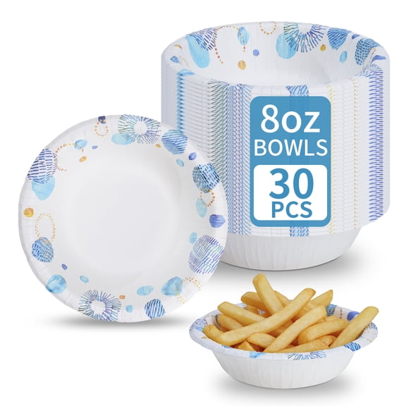 DTFMZOV Disposable Paper Bowls 8 oz, 30 Count Blue Bowls, Soak Proof, Microwave-Safe Bowls, 5.5 inch Round Bowls for Home, Camping, Birthday Party Supplies