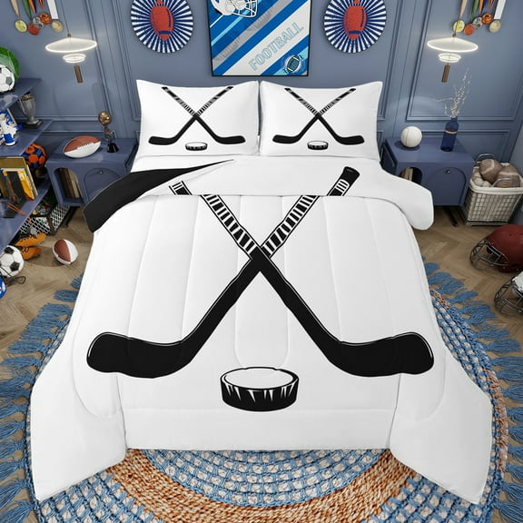 Manfei Boys Ball Game Bedding Comforter Set,Ice Hockey Rink Twin Comforter Sets,White Black Bedding Set For Kids Boy,Microfiber Bedroom Decor Reversible,2 Pieces