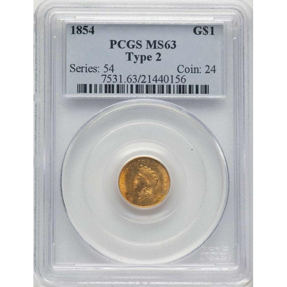 1854 G$1 Gold Dollar Coin PCGS MS63   Type Two - HAT777420004