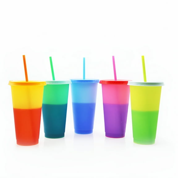 LAMIRO Changing Cups Blank Cups 24Oz Reusable Tumbler with Lids and Straws, Bpa Free Reusable Plastic Cold Drink Cups with Lids and Straws, Smoothie Cups, Party Cups