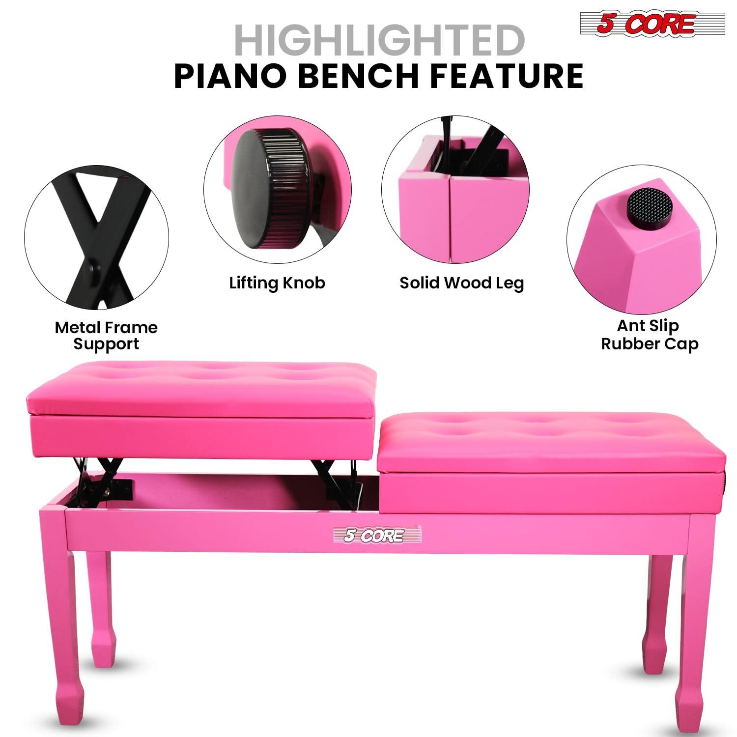 Duet Piano Bench 3.5 Inch Padded Stool with Storage | Adjustable Height Wooden Keyboard Seat | Spill-Resistant Cherry Finish | Heavy Duty Musician Chair for Double Keyboard