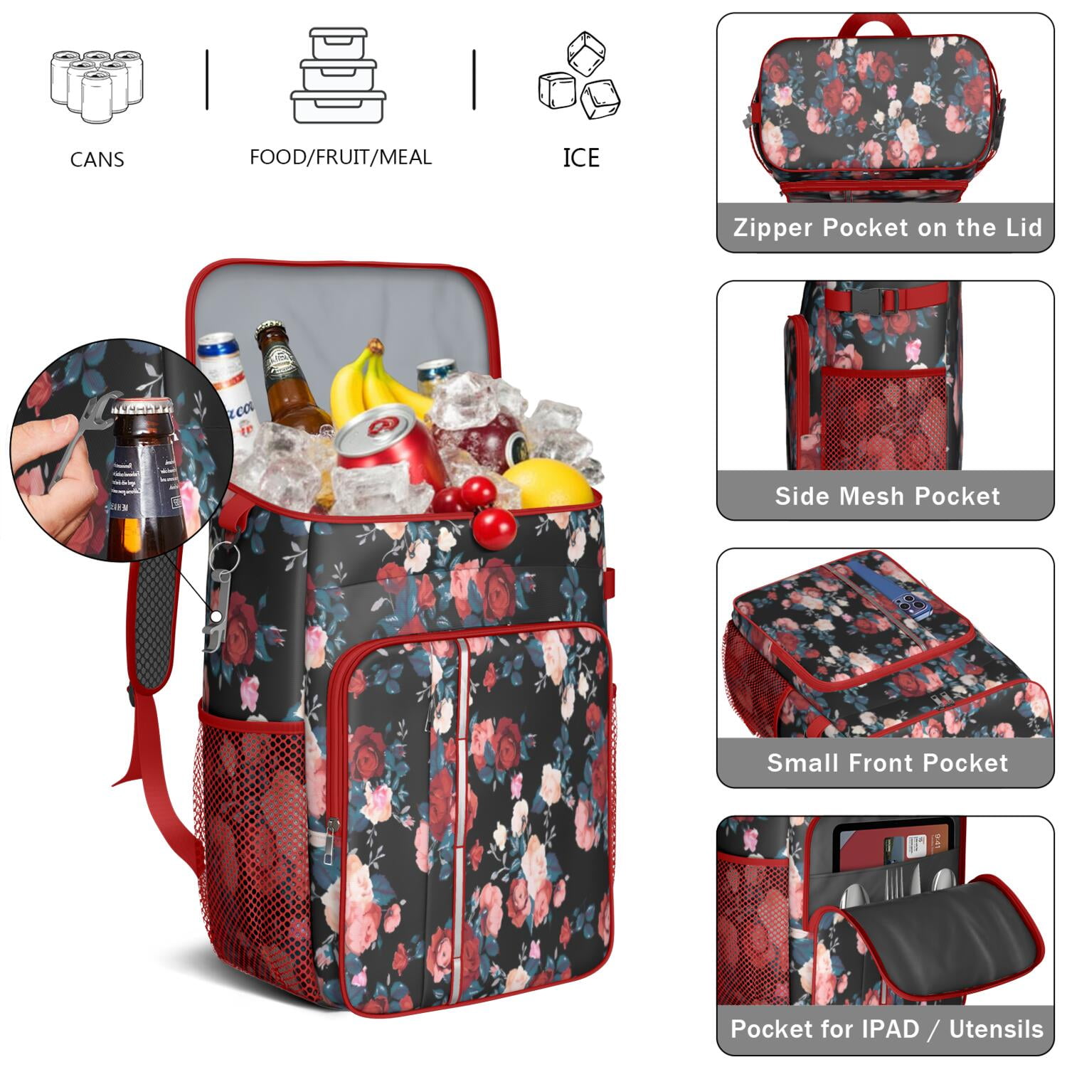 Travel Cooler Bag - Pioneer Flower Floral Print Pattern Camping Beer Cooler Backpack with Bottle Opener- Waterproof Insulated Picnic Backpacks - Cooler Bag for Beach
