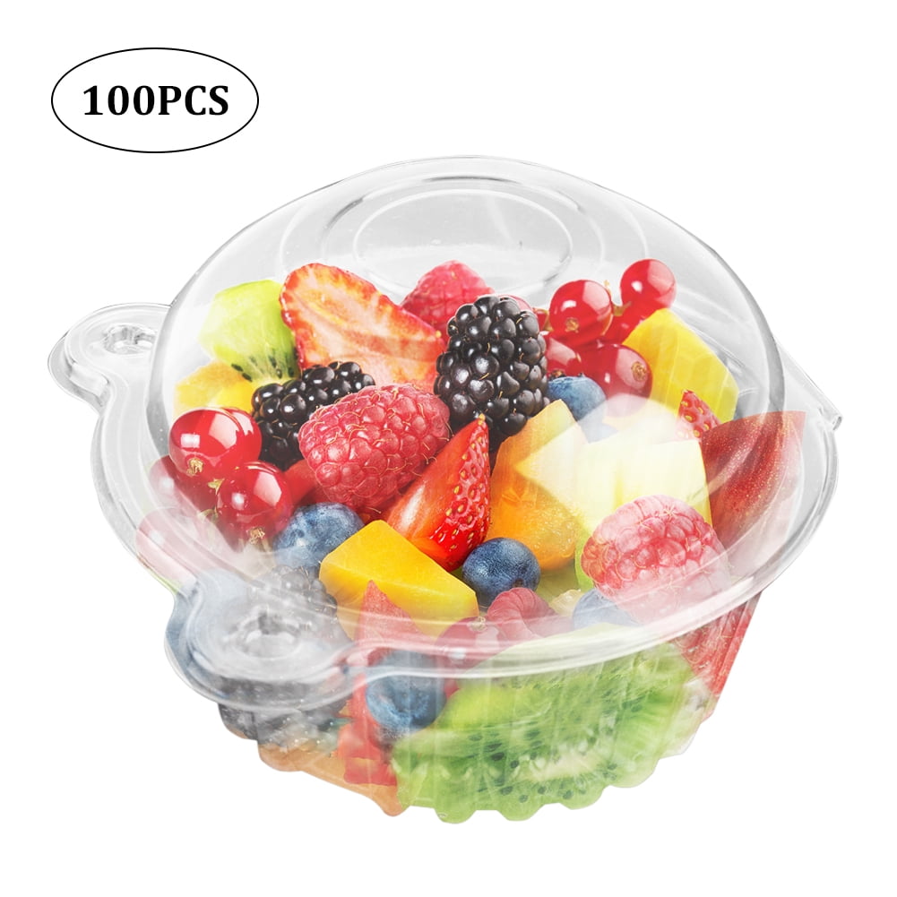 DOACT 100 Sets Clear Plastic Cups for Salads Ice Cream Dessert Cups Snack Bowl with Dome lids no Hole
