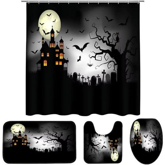 Halloween 4Pcs Pumpkin Shower Curtain Sets with Non-Slip Rugs, Toilet Lid Cover and Bath Mat, Haunted House Waterproof Shower Curtains Bathroom Decor Set Halloween Decor