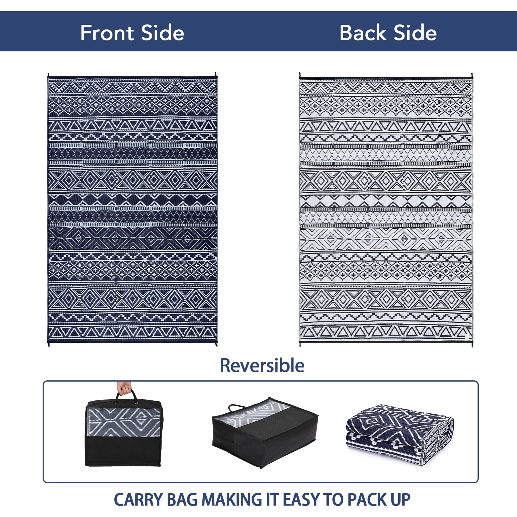 HIWEAVER 8' x 10' Navy/White Outdoor Rug PP Plastic Straw Woven Waterproof Patio Rug with Border Portable Outside Carpet for Balcony Deck Picnic Garden Decor