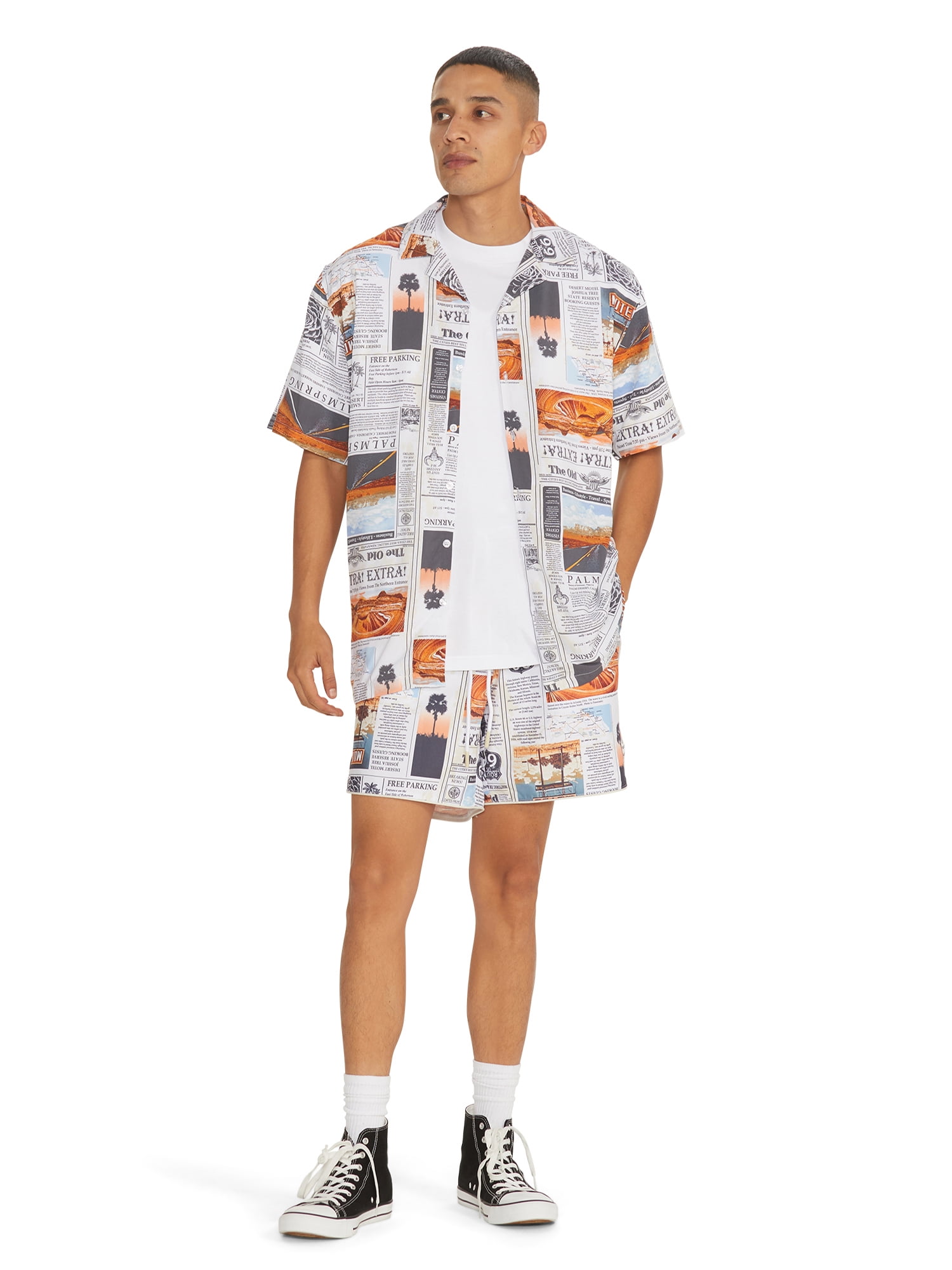 No Boundaries Men's Print Button Up Shirt with Short Sleeves, Sizes XS-3XL