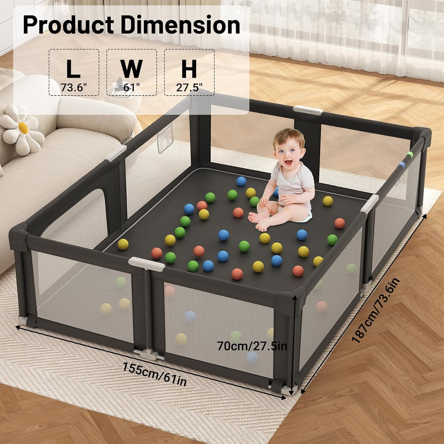 NEGYLIM 73" ×61" Large Baby Playpen, Baby Playard for Babies and Toddlers, Baby Fence Play Pens for Indoor & Outdoor, Sturdy Safety Play Yard with Soft Breathable Mesh and Carry Bag, Anti-Fall, Black