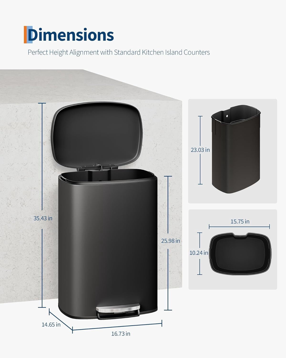 EuKer 13 Gal Stainless Steel Trash Can with Removable Inner Bucket for Kitchen, Bathroom, Black