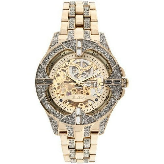 Elgin Adult Male Analog Watch in Gold and Crystals with Skeleton Dial (FG9919)