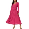 thumbnail image 2 of INSPIRE CHIC Robe Plissée pour Femme Manches Longues Bouffantes Col en V Robe avec Ceinture à la Taille G Rose Vif, 2 of 7