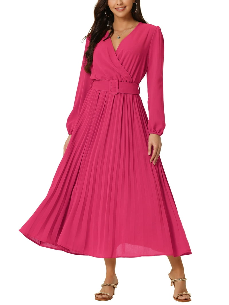 INSPIRE CHIC Women's Pleated Dress Puff Long Sleeve V Neck Belt Waist Dress M Hot Pink - Walmart.com INSPIRE CHIC Women's Pleated Dress Puff Long Sleeve V Neck Belt Waist Dress M Hot Pink - Walmart.com