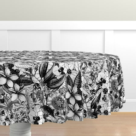 

Cotton Sateen Tablecloth 90 Round - Vintage Floral Black White Victorian Inspired Flowers Typography Tropical Exotic Flower Print Custom Table Linens by Spoonflower
