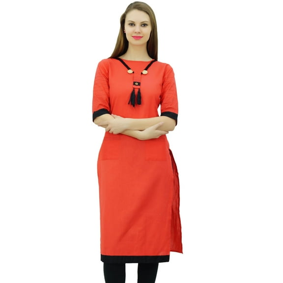 Bimba Women's Khadi Cotton Tunic Chic Kurta Kurti With Handmade Necklace Attached Clothing