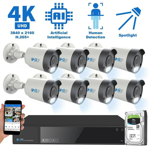 GW Security 8 Channel NVR 8MP Color Night Vision Security Camera System - 8 x UltraHD 4K Human Detection Microphone PoE IP Bullet Camera, 15 Smart AI Functions