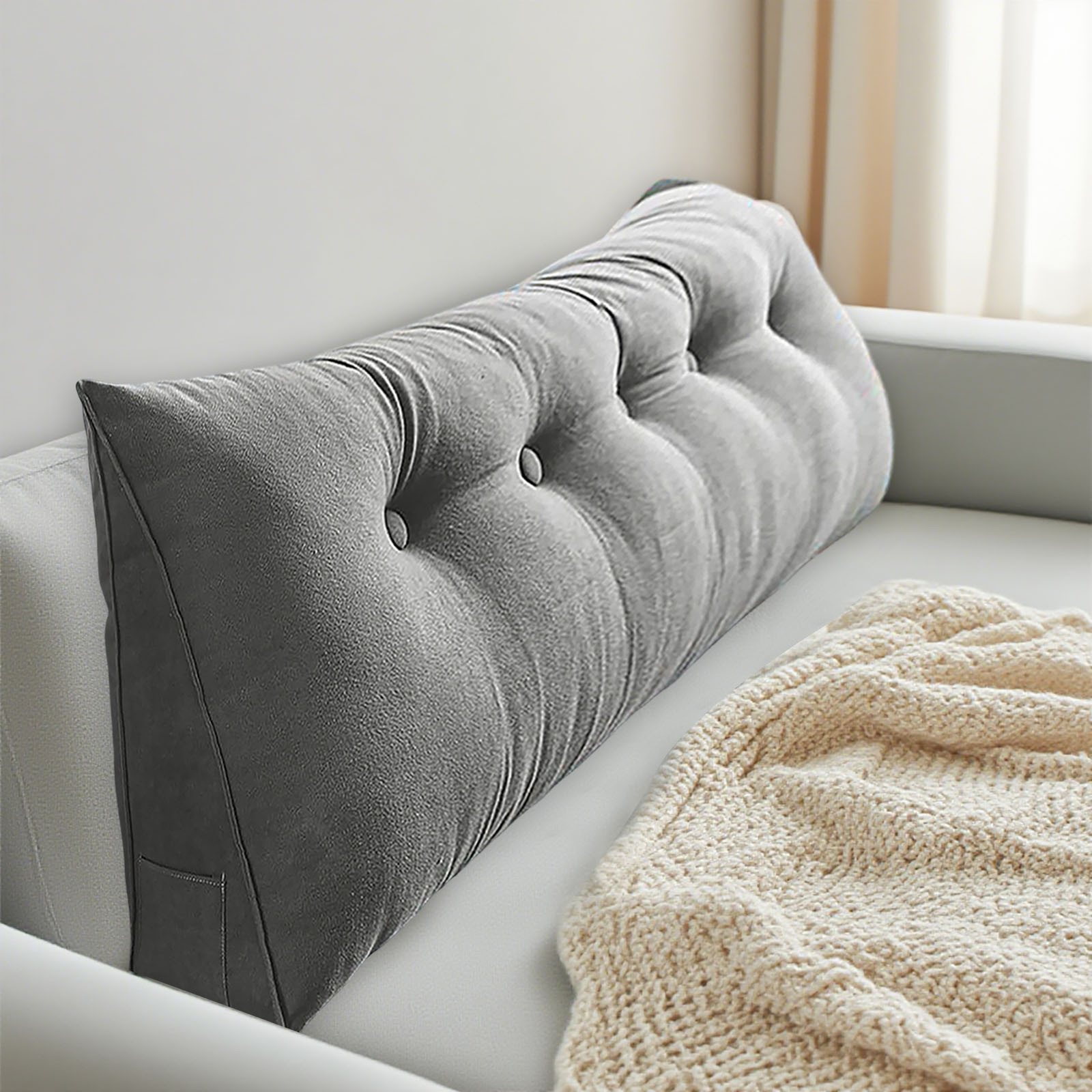Oreiller Triangulaire Pour Tête De Lit 120x40 Cm - Coussin De Lecture, Confort Velours, Pochette Latérale
