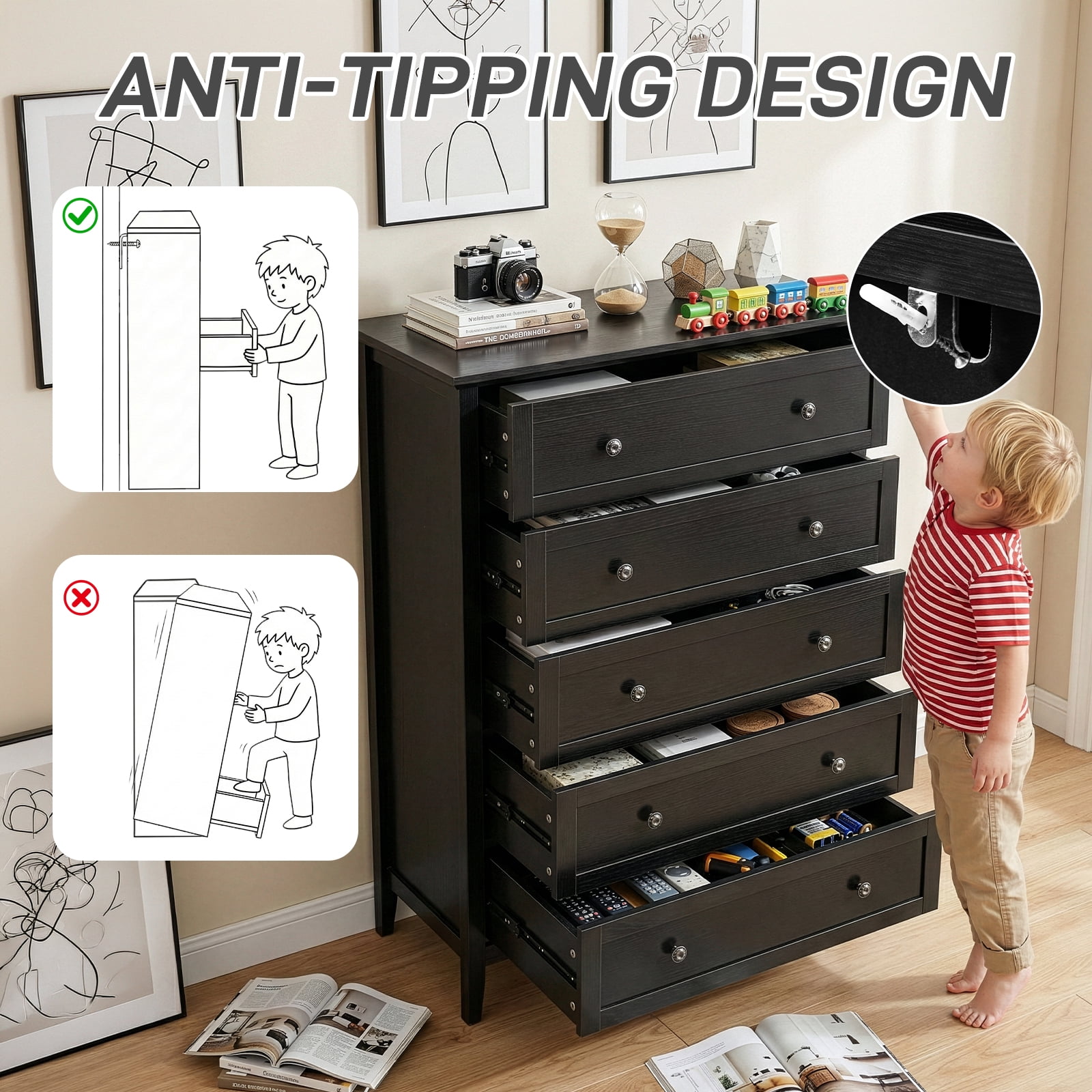 Five Drawers Cabinet, Double Handles P2 Particleboard + MDF Melamine 80*40*115cm Framed