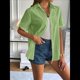 thumbnail image 5 of Camisa de Algodón con Botones y Dobladillo Enrollado para Mujer, de Corta, Informal, de Verano, con Cuello en V, para Playa. Amarillo y Verde L, 5 of 8