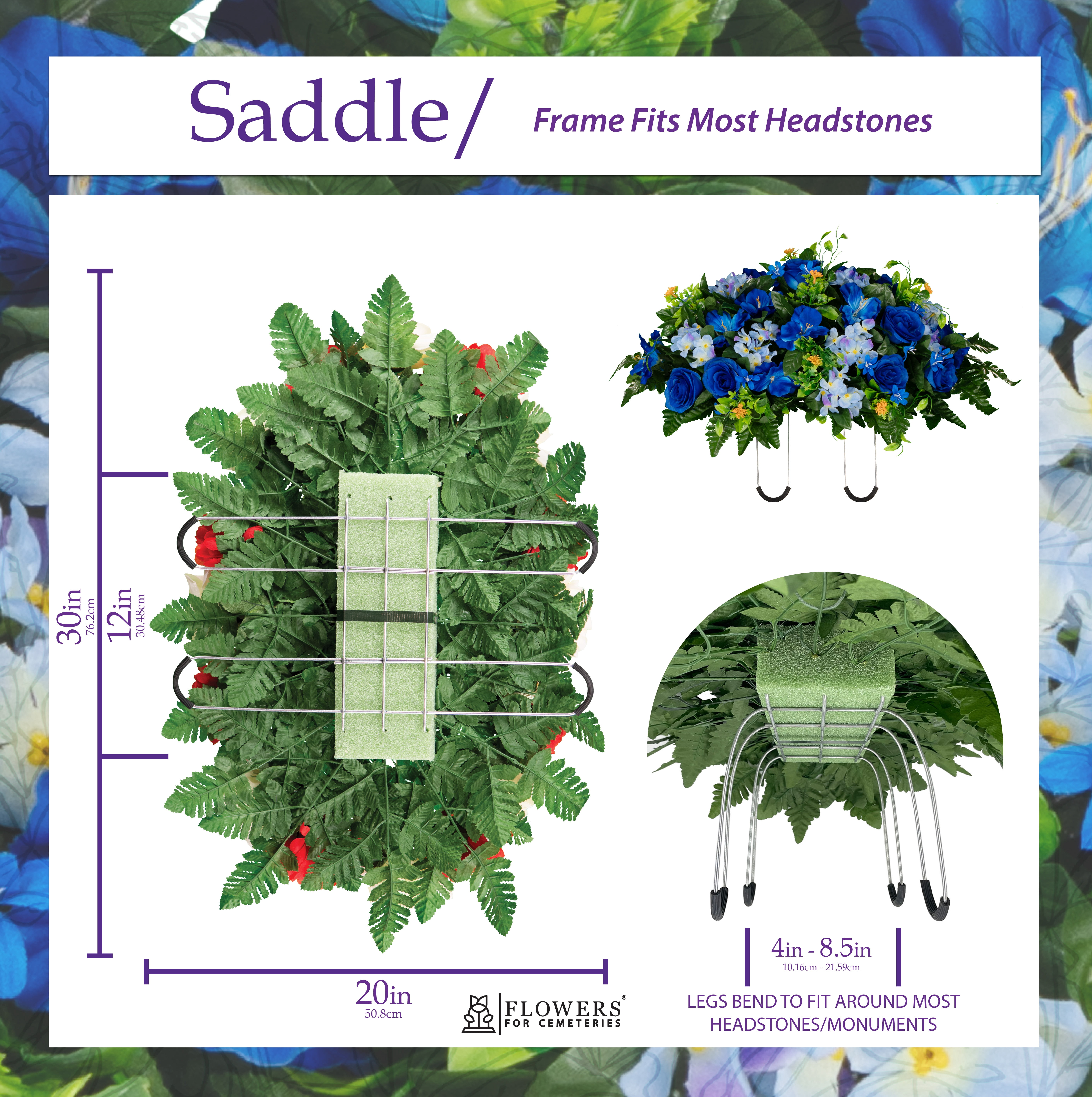 Sympathy Silks Artificial Cemetery Flowers - Blue Roses and Hydrangea - Saddle for Headstone