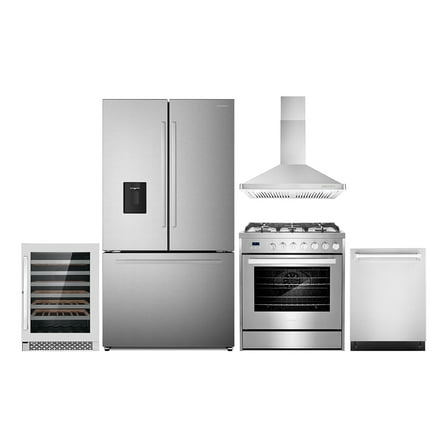 5 Piece Kitchen Package with 30" Freestanding Gas Range 30" Under Cabinet Range Hood 24" Built-in Fully Integrated Dishwasher French Door Refrigerator & 48 Bottle Wine Refrigerator