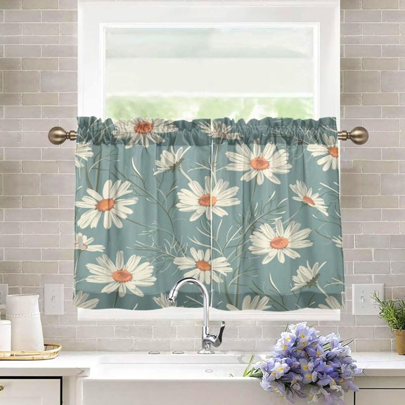 Daisy Flower Kitchen Curtains 24 Inch Length Blackout Thermal Insulating Tier Curtains with Rod Pockets Short Curtains Home Decor for Living Room/Bedroom