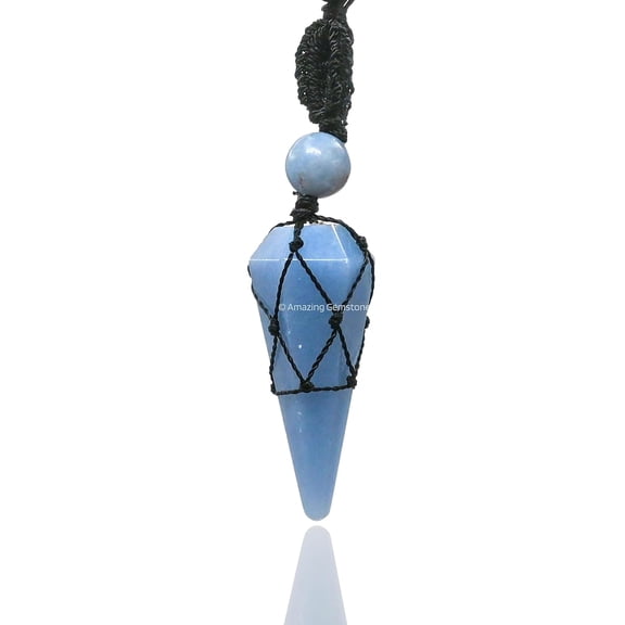 Angelite Crystal Stone Holder Necklace Pendulum, Unique Women Men Necklace (Black Macrame)
