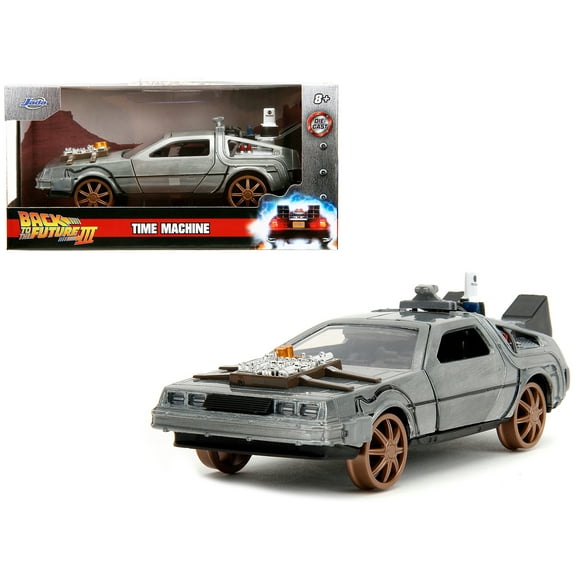 DeLorean DMC (Time Machine) Brushed Metal Train Wheel Version "Back to the Future Part III" (1990) Movie "Hollywood Rides" Series 1/32 Diecast Model Car by Jada