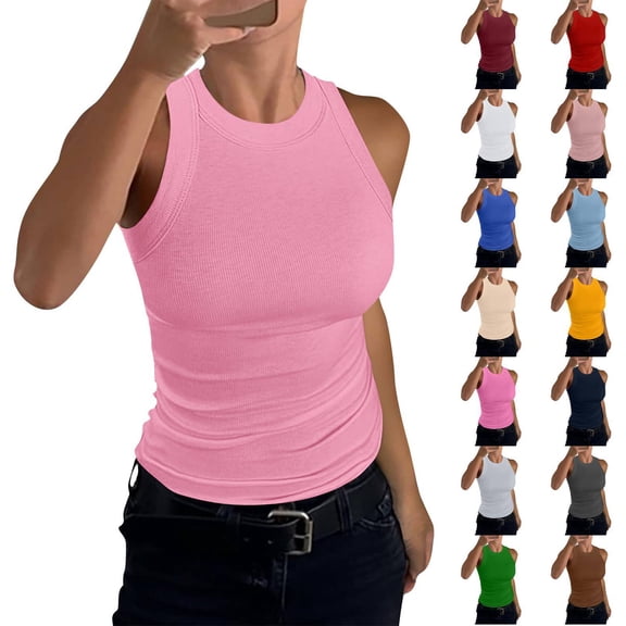 High Neck Tank Tops Womens Sleeveless Racerback Basic Cotton Ribbed Fitted Athletic Undershirt Hot Pink S