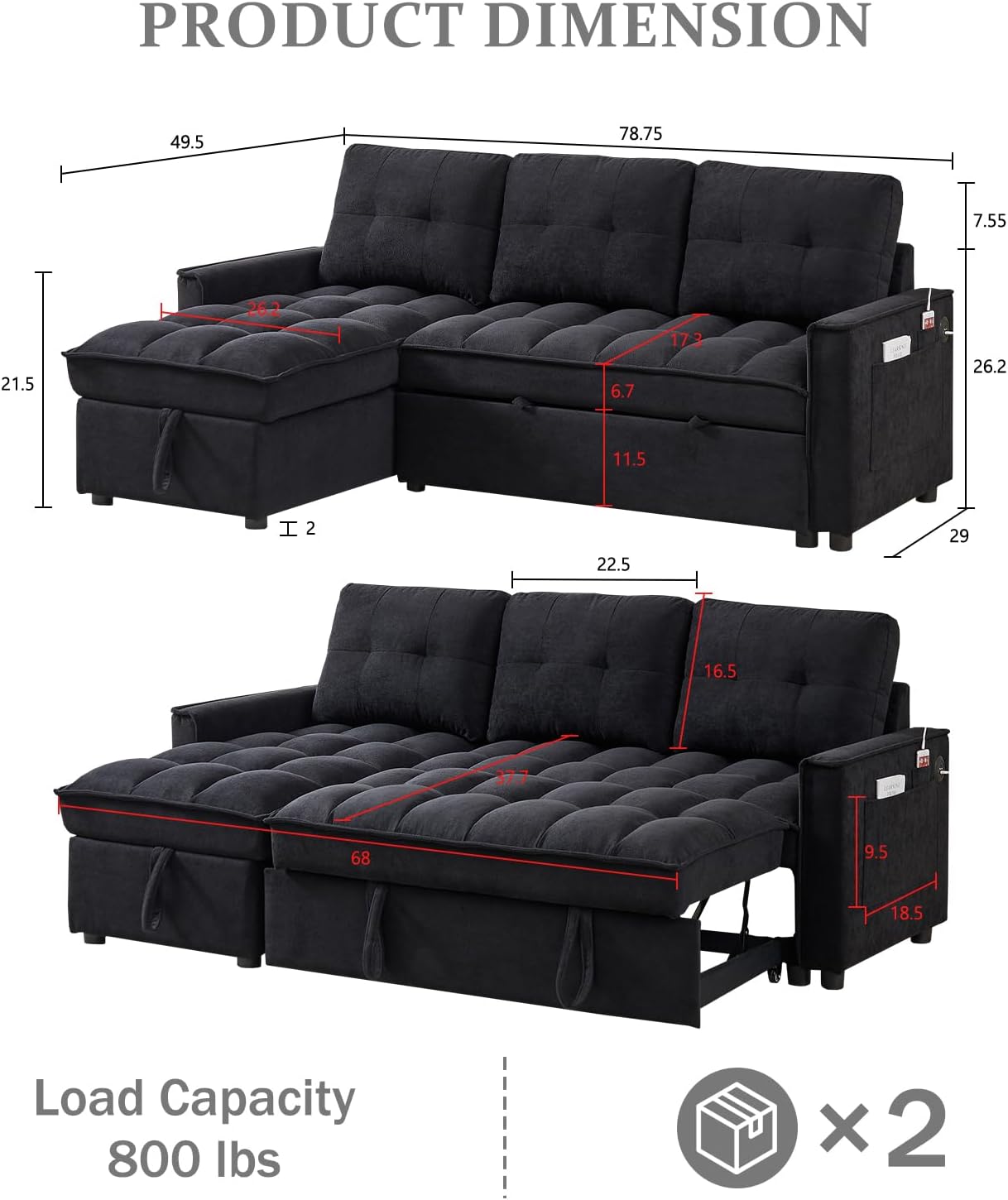 AENKYO 78.75" Reclining Sleeper Sofa with Pull-Out Bed and Built-in Charging Station, 3-Seat Sectional Couch with Cup Holders, Black