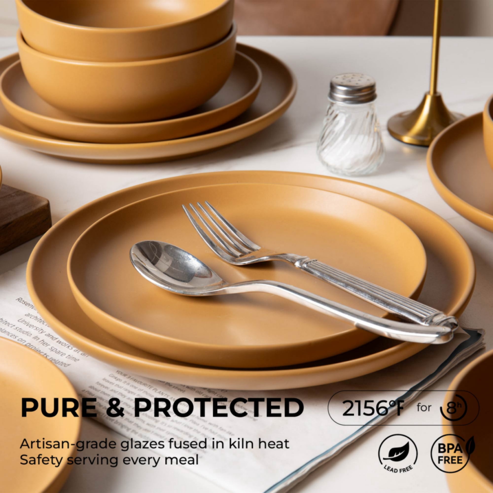 GARITIN 12-Piece Stoneware Dinner Plates Salad Plates Cereal Bowls Set, Microwave Dishwasher Safe Chip Resistant Stackable Matte Glaze Kitchenware Service for 4 Family Dining, Orange